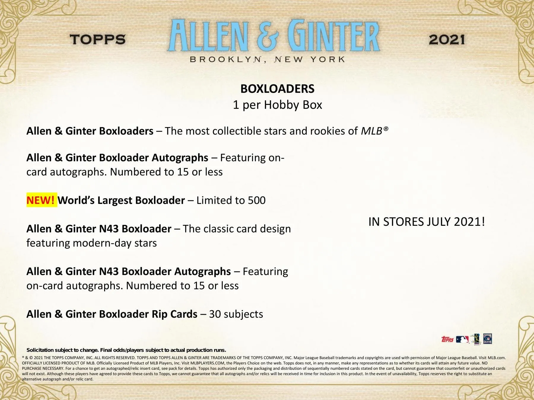 2021 Topps Allen & Ginter Baseball Hobby Box 24 Packs Per Box, 8 Cards Per Pack