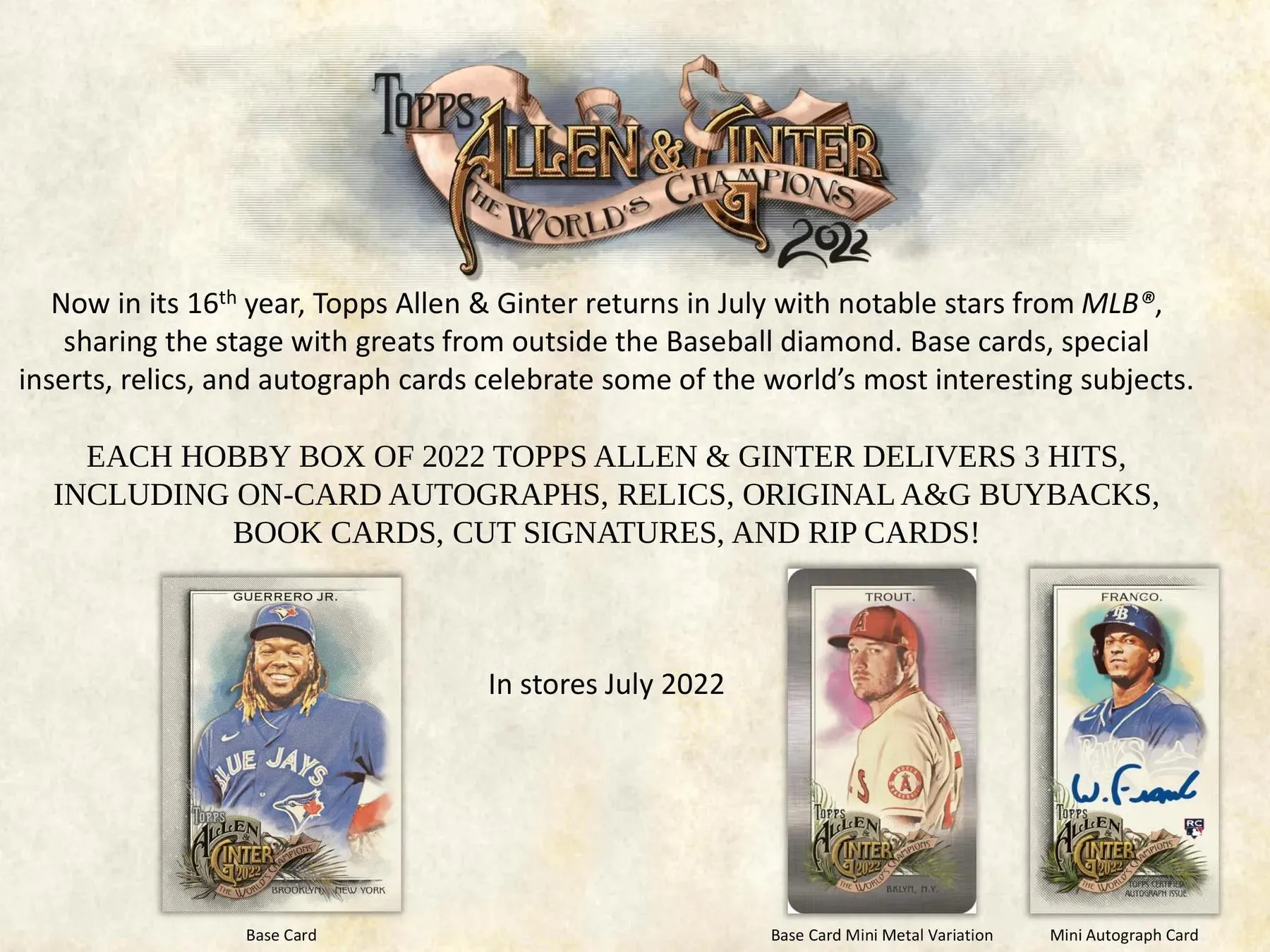 2022 Topps Allen & Ginter Baseball Hobby Box 24 Packs Per Box, 8 Cards Per Pack