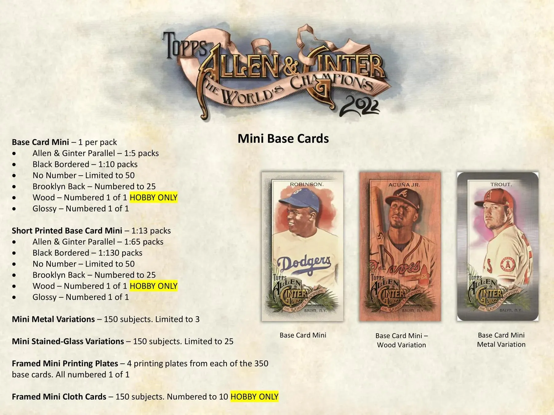 2022 Topps Allen & Ginter Baseball Hobby Box 24 Packs Per Box, 8 Cards Per Pack