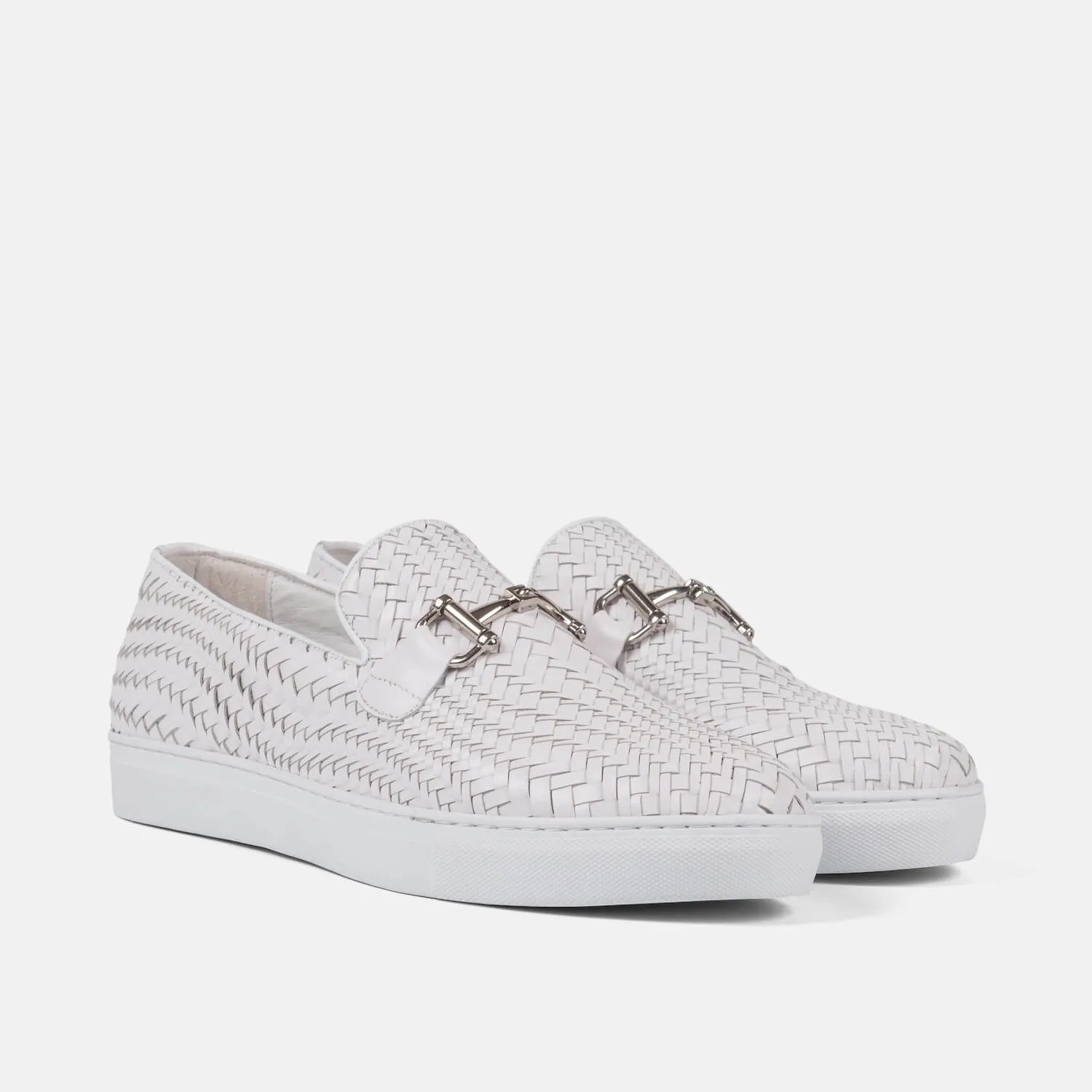 Boardwalk White Woven Leather Horse-Bit Sneakers