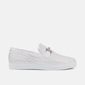 Boardwalk White Woven Leather Horse-Bit Sneakers