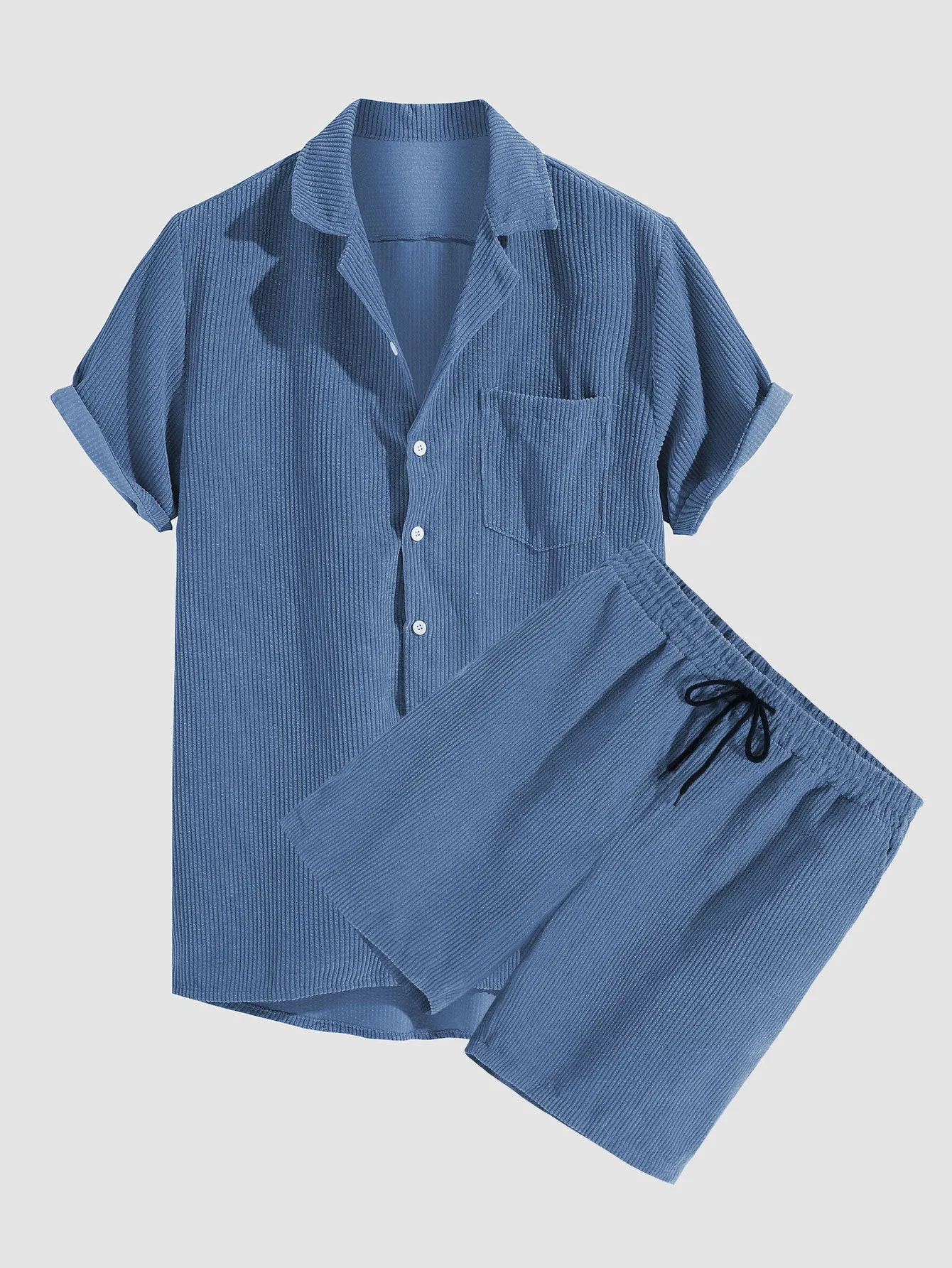 Corduroy Short Sleeved Revere Collar Shirt & Corduroy Drawstring Shorts