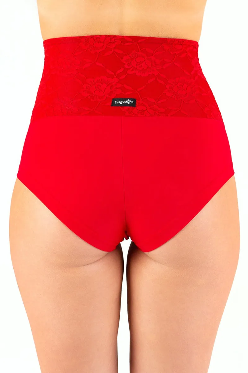 Dragonfly Betty High-Waisted Shorts - Lace Red