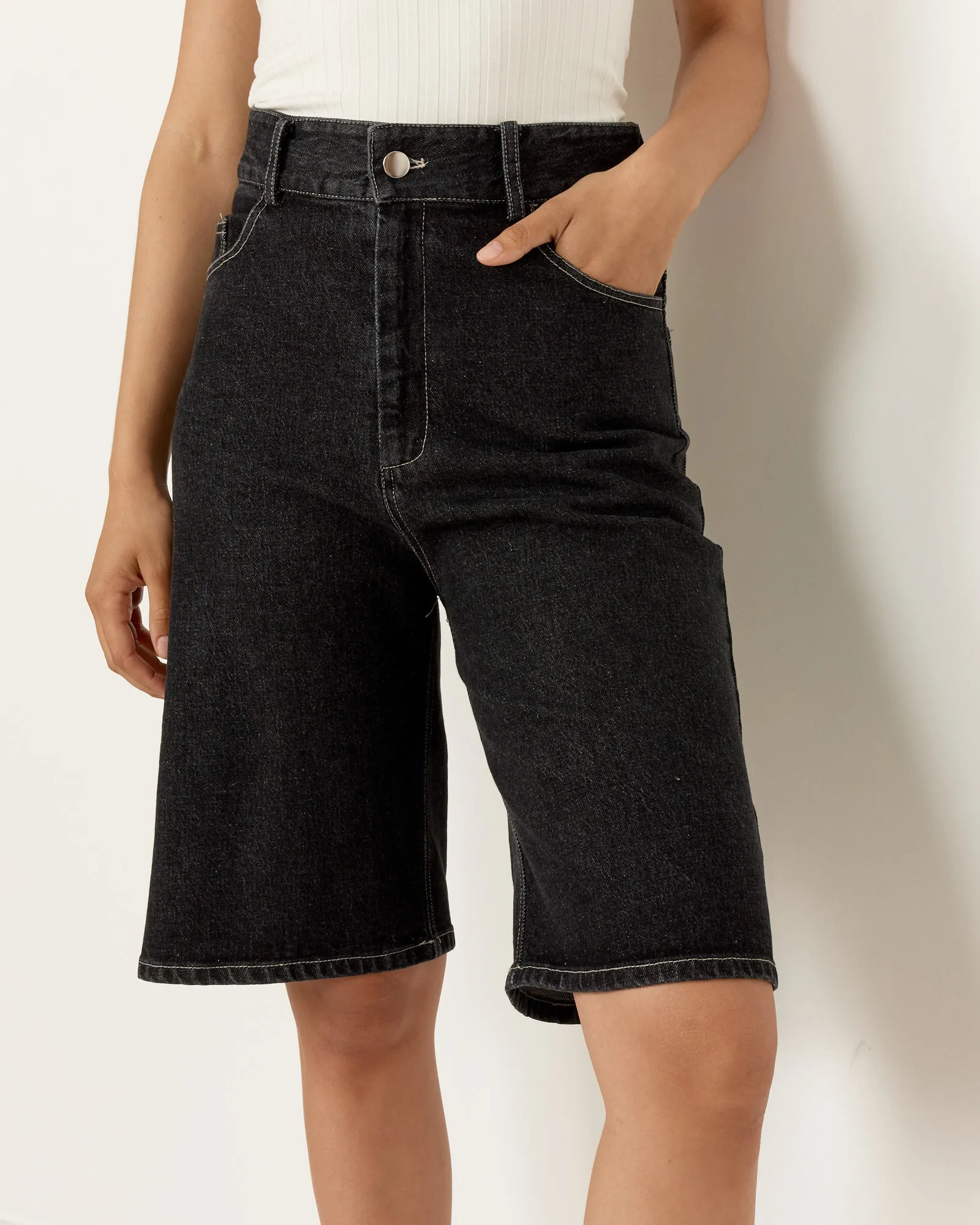 Stonewash Denim Shorts in Black